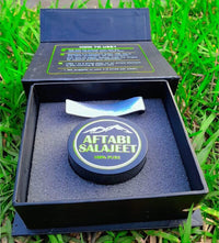 Aftabi Salajeet 100% pure Himalayan shilajit tin with dosage spoon and how-to-use box packaging