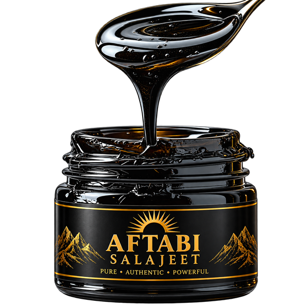 Pure Aftabi Salajeet Himalayan Shilajit resin dripping from spoon into jar - 100% natural, lab-tested shilajit from Pakistan