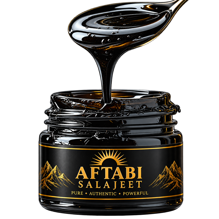 Pure Aftabi Salajeet Himalayan Shilajit resin dripping from spoon into jar - 100% natural, lab-tested shilajit from Pakistan